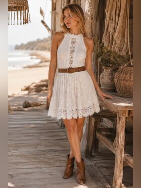 Free People Ivory Lace Halter Mini Dress